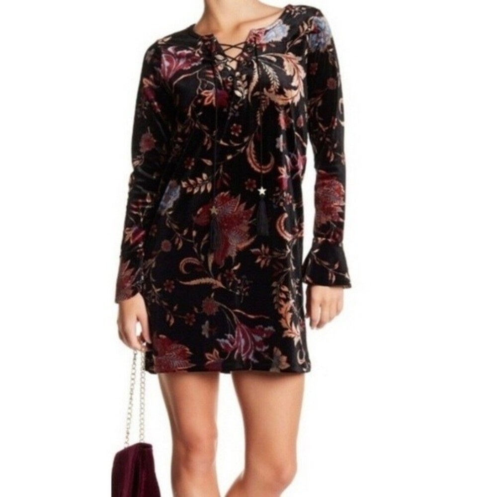 Wild Pearl Floral Boho Lace Up Flare Sleeve Burnout Velvet Mini Dress Large
